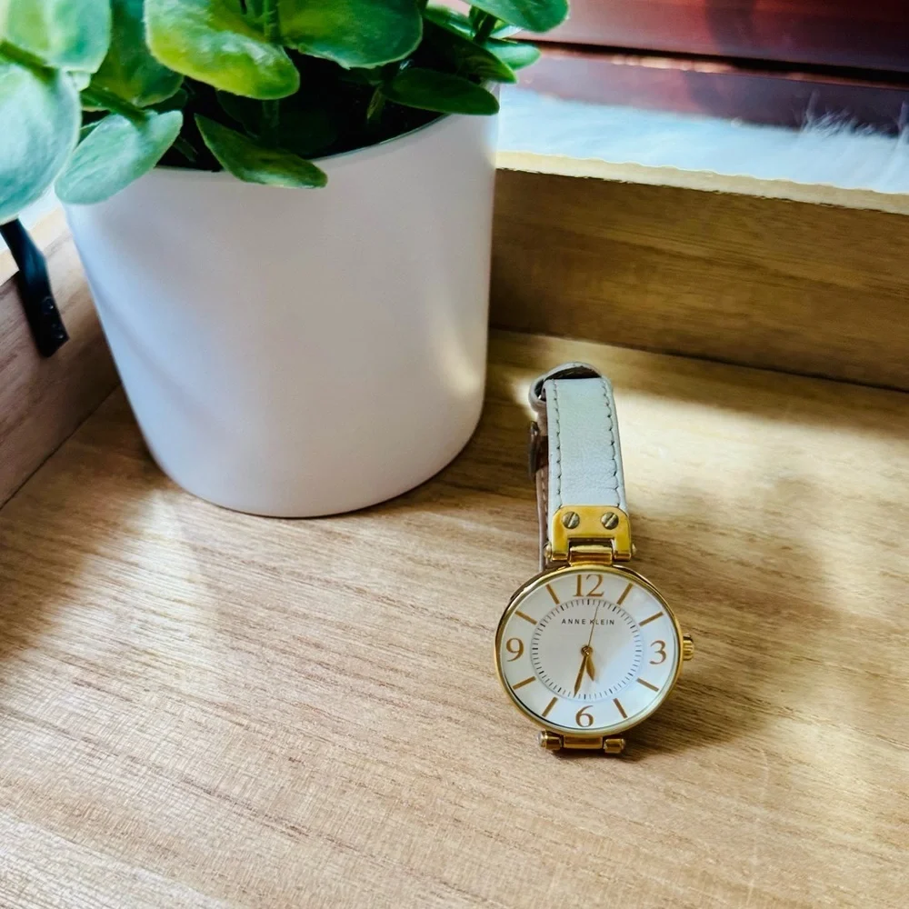 Anne Klein Gold‎ & White Leather Strap Watch 10/9168WTWT